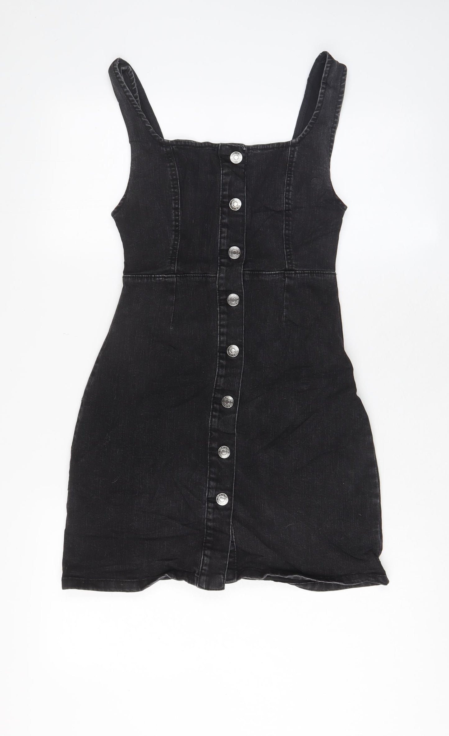 Denim & Co. Womens Grey Cotton Pinafore/Dungaree Dress Size 6 Square Neck Button