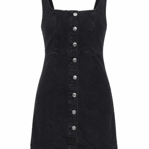 Denim & Co. Womens Grey Cotton Pinafore/Dungaree Dress Size 6 Square Neck Button