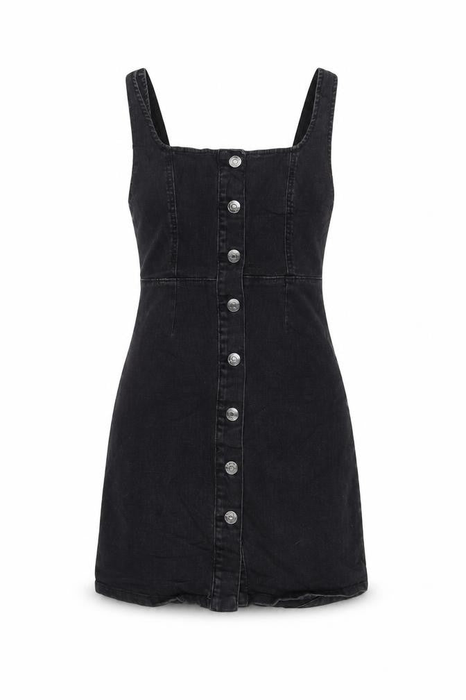 Denim & Co. Womens Grey Cotton Pinafore/Dungaree Dress Size 6 Square Neck Button