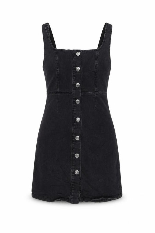 Front view of Denim & Co. women’s grey cotton pinafore/dungaree dress, size UK 6, square neck button