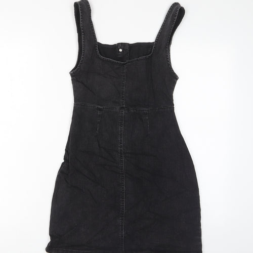 Denim & Co. Womens Grey Cotton Pinafore/Dungaree Dress Size 6 Square Neck Button