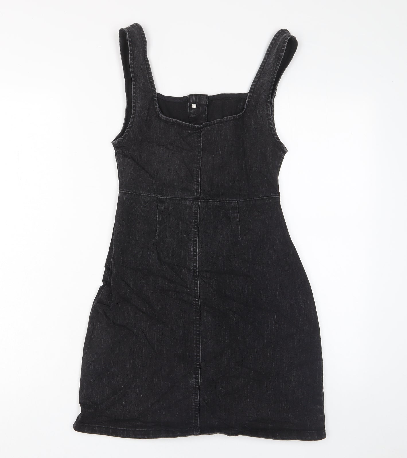 Denim & Co. Womens Grey Cotton Pinafore/Dungaree Dress Size 6 Square Neck Button