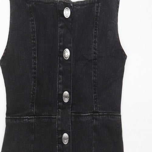 Denim & Co. Womens Grey Cotton Pinafore/Dungaree Dress Size 6 Square Neck Button