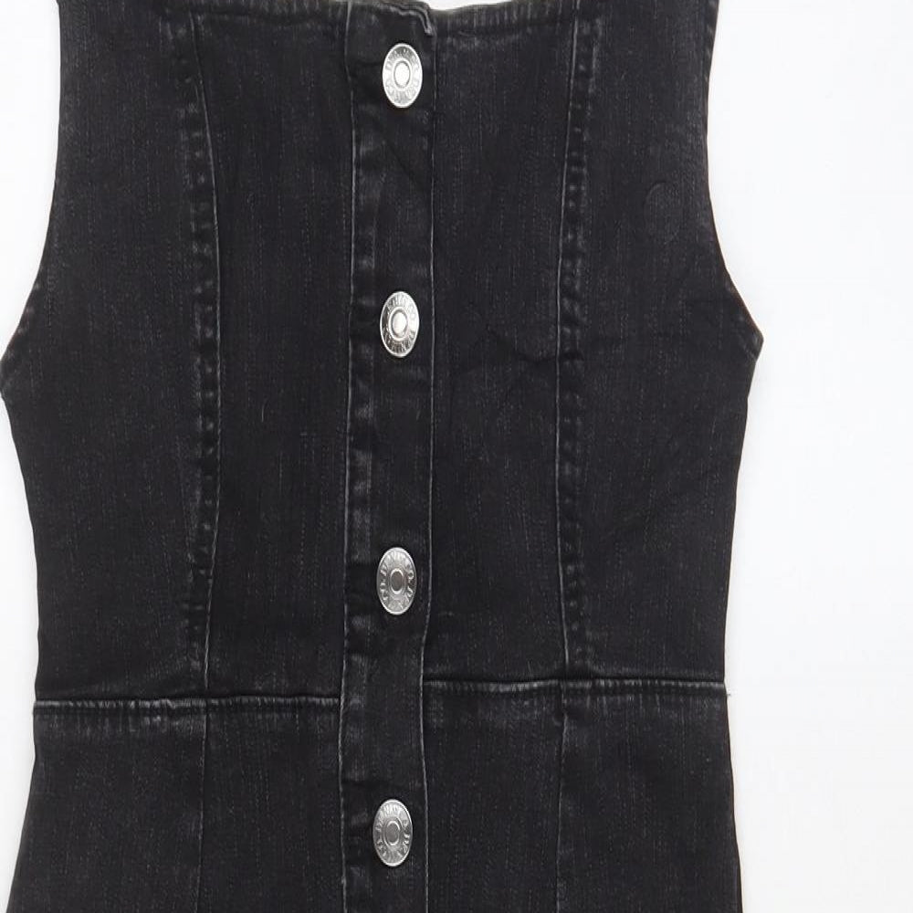 Denim & Co. Womens Grey Cotton Pinafore/Dungaree Dress Size 6 Square Neck Button