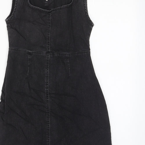 Denim & Co. Womens Grey Cotton Pinafore/Dungaree Dress Size 6 Square Neck Button
