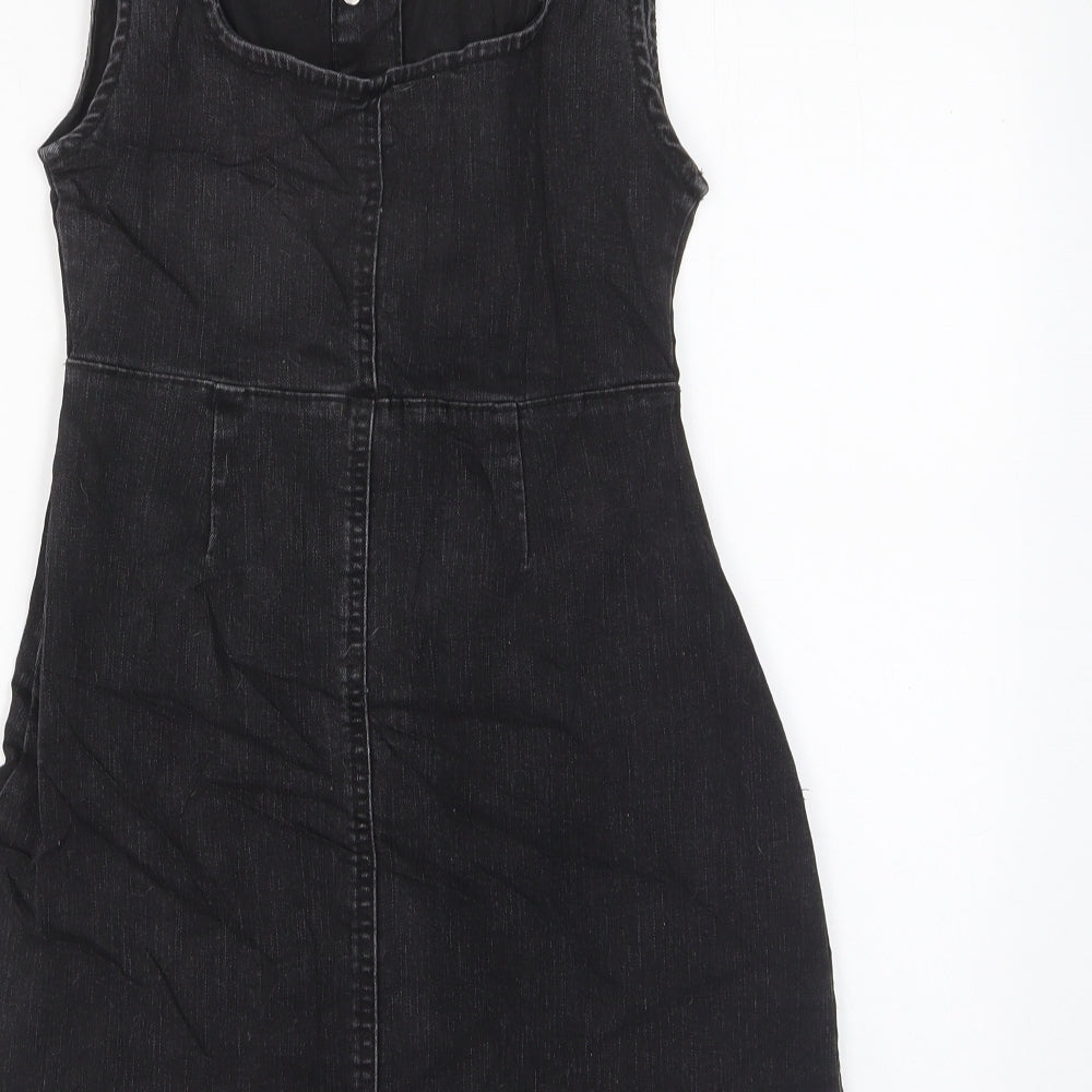 Denim & Co. Womens Grey Cotton Pinafore/Dungaree Dress Size 6 Square Neck Button