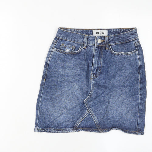 New Look Womens Blue Cotton A-Line Skirt Size 6 Zip - Pockets