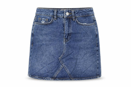 Front view of New Look women’s blue cotton a-line skirt, size UK 6, zip - pockets