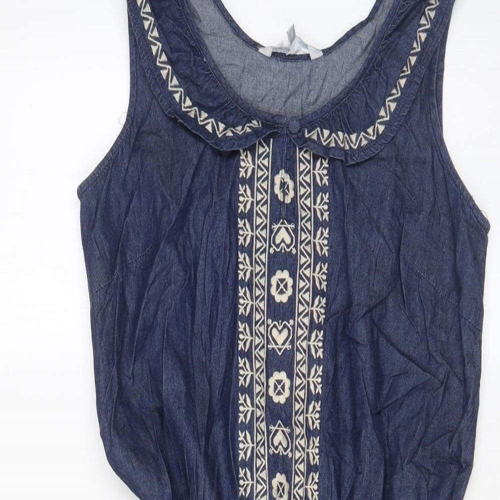 Red Herring Womens Blue Cotton A-Line Size 10 V-Neck Pullover - Keyhole neck, Embroided