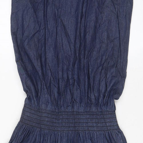 Red Herring Womens Blue Cotton A-Line Size 10 V-Neck Pullover - Keyhole neck, Embroided