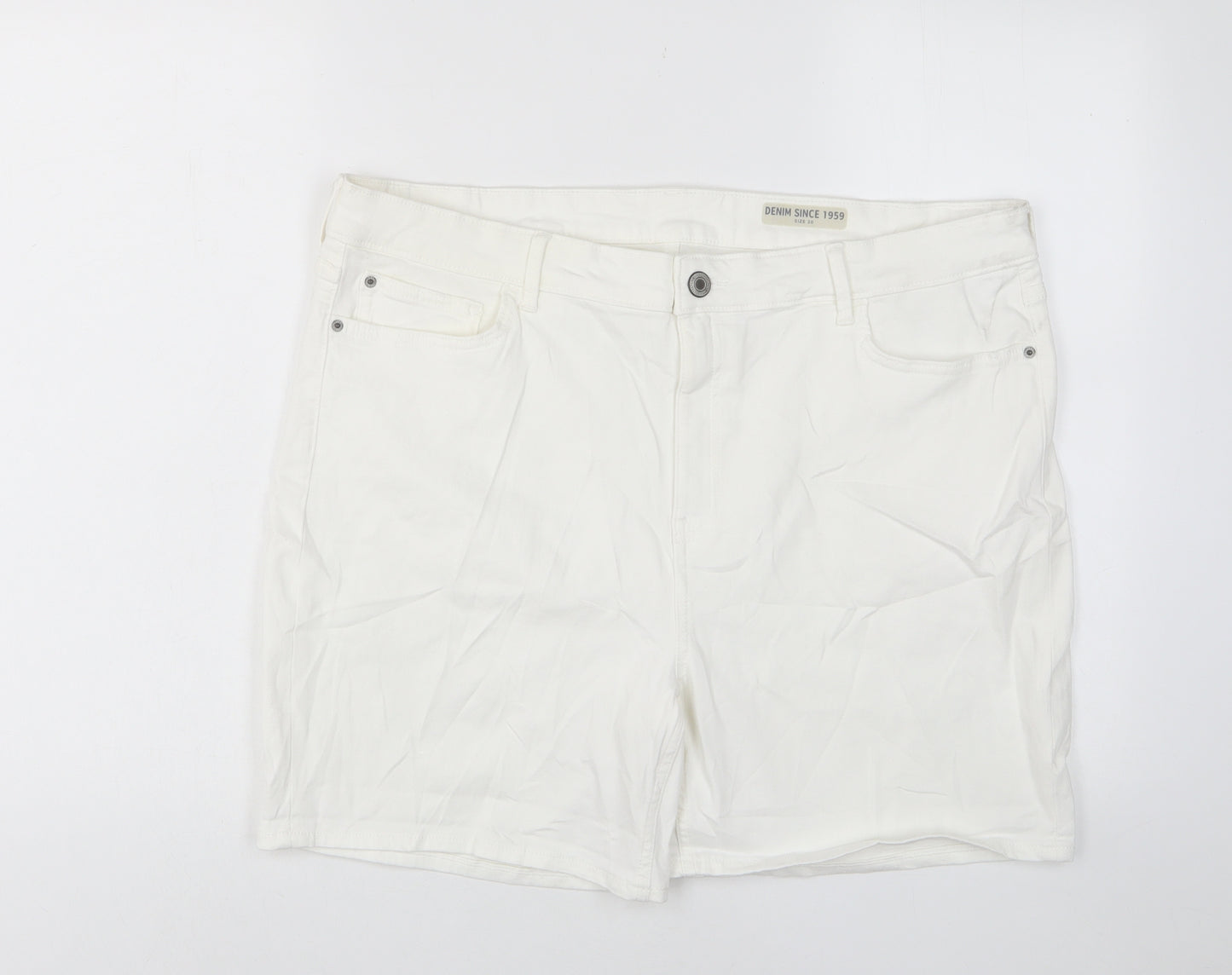 Marks and Spencer Womens White Cotton Basic Shorts Size 20 L7 in Regular Zip - Pockets