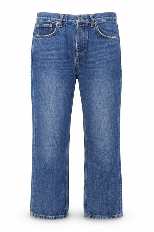 Front view of Topshop women’s blue cotton straight jeans, size UK 30, 30-inch leg regular button - pockets