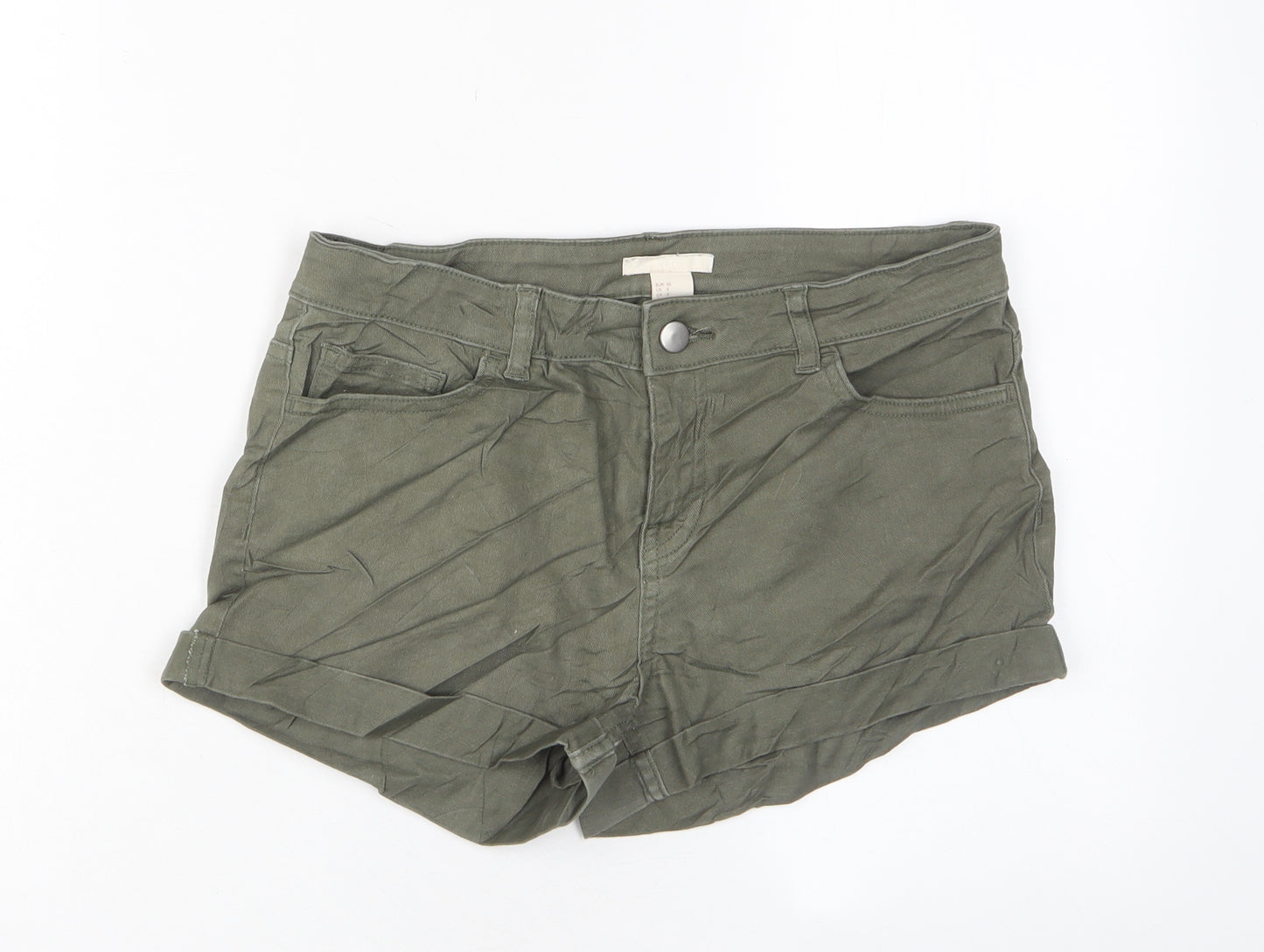 H&M Womens Green Cotton Basic Shorts Size 8 Regular Zip - Pockets