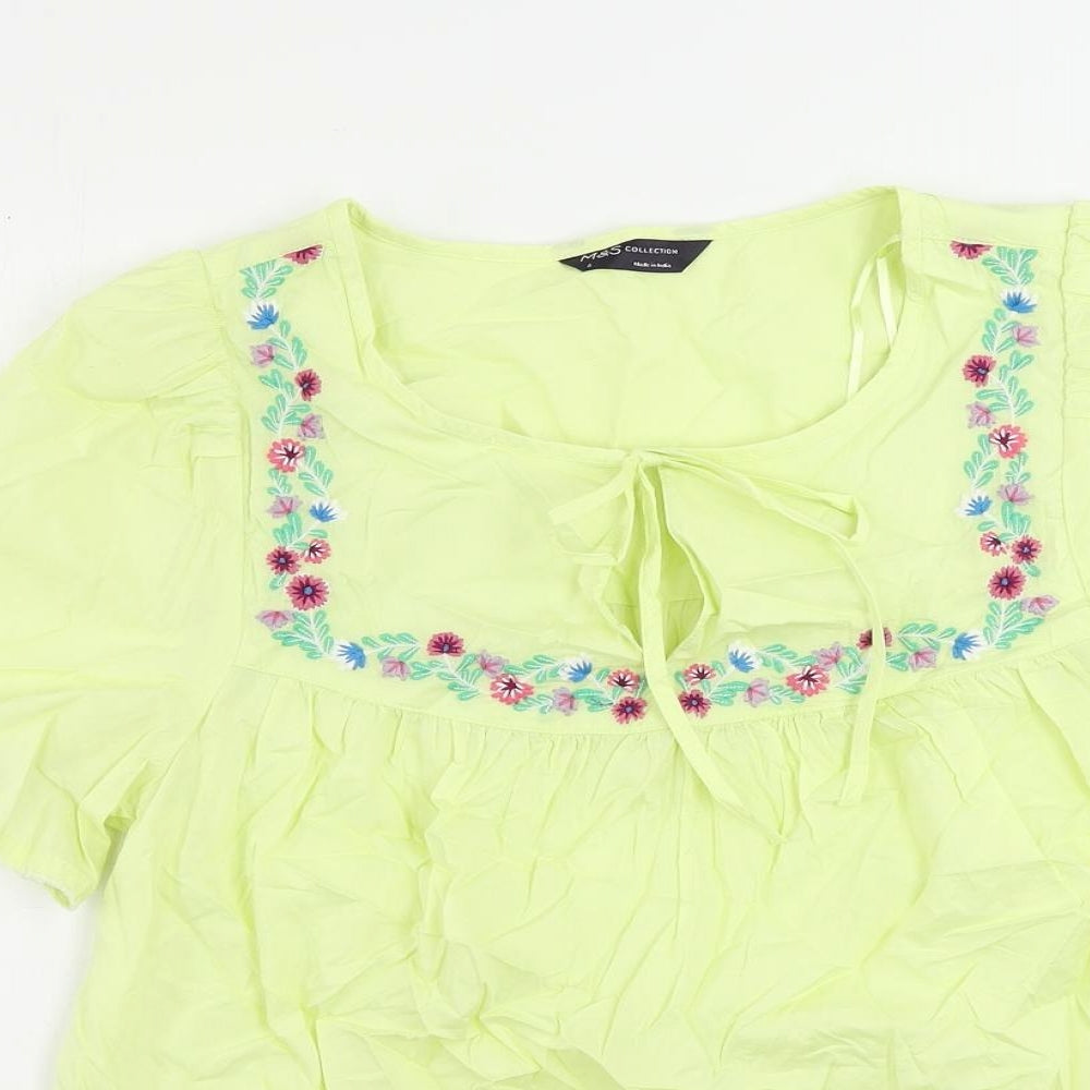 Marks and Spencer Womens Yellow Cotton Basic Blouse Size 6 V-Neck - Embroidered