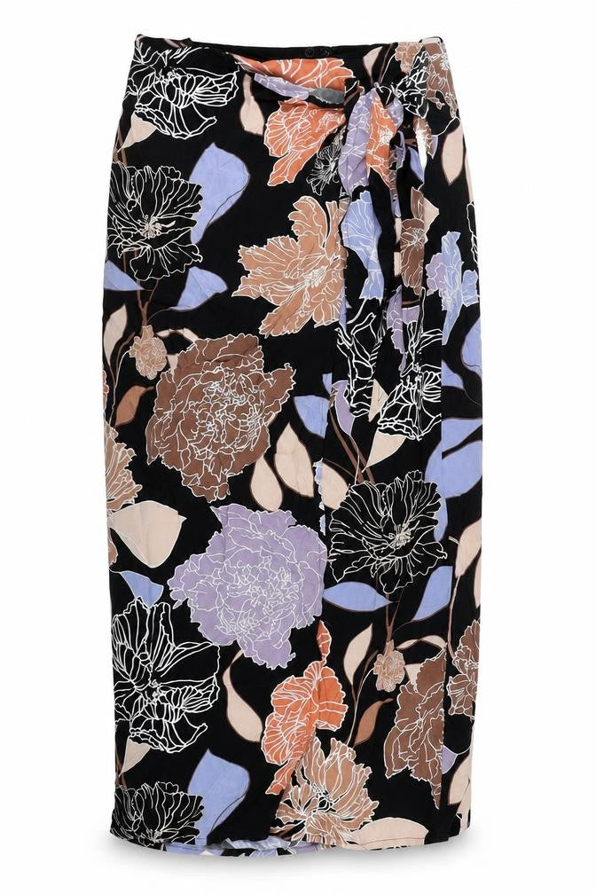 Front view of Autograph women’s black floral viscose wrap skirt, size UK 6, zip