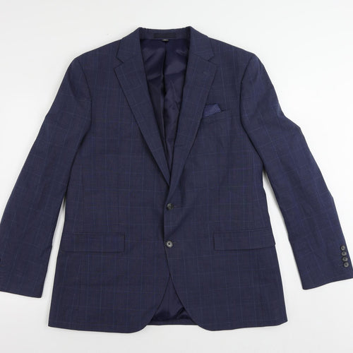 Marks and Spencer Mens Blue Plaid Polyester Jacket Suit Jacket Size 44 Regular