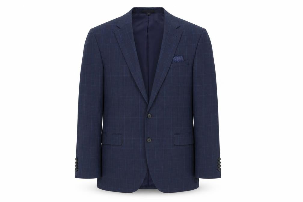 Front view of Marks & Spencer men’s blue plaid polyester jacket suit jacket, size 44, regular