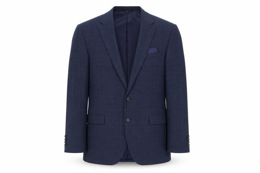 Front view of Marks & Spencer men’s blue plaid polyester jacket suit jacket, size 44, regular