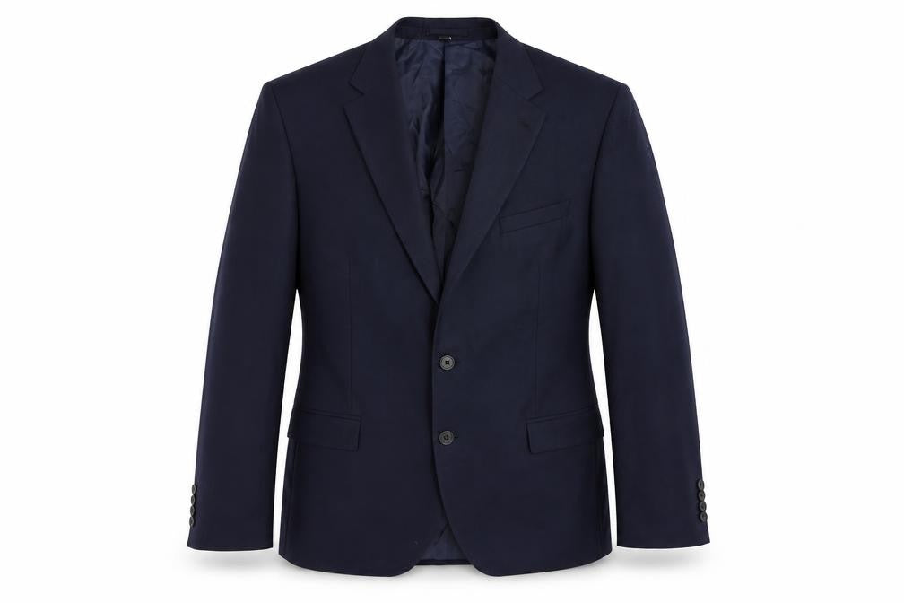 Front view of Marks & Spencer men’s blue polyester jacket suit jacket, size 46, regular