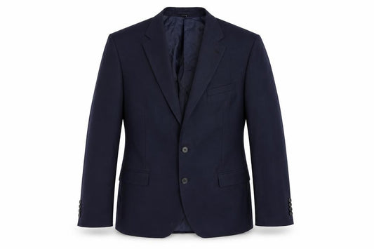 Front view of Marks & Spencer men’s blue polyester jacket suit jacket, size 46, regular