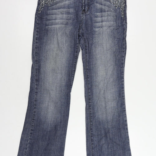 NEXT Womens Blue Cotton Bootcut Jeans Size 12 L30 in Regular Zip - Embellished