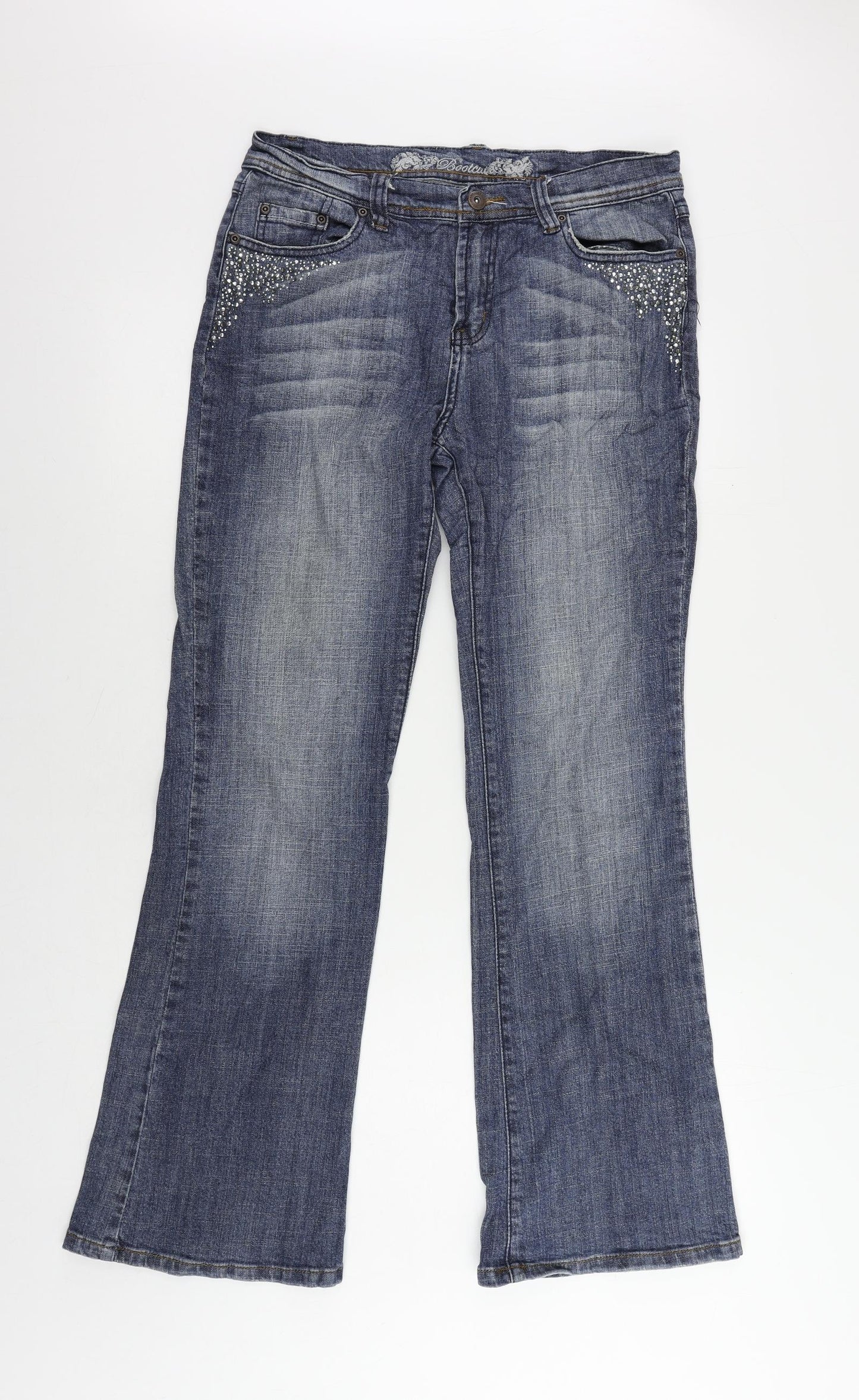 NEXT Womens Blue Cotton Bootcut Jeans Size 12 L30 in Regular Zip - Embellished