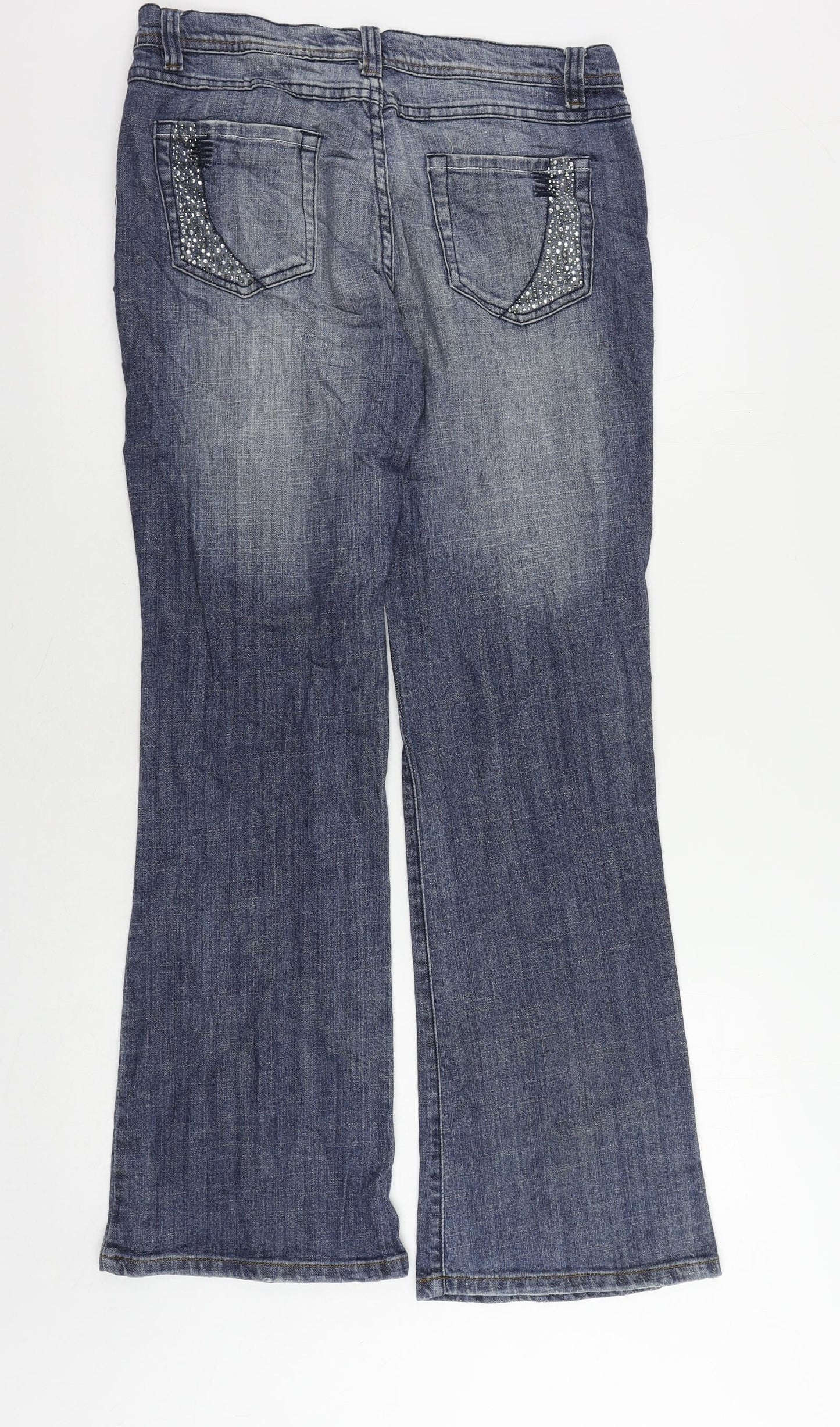 NEXT Womens Blue Cotton Bootcut Jeans Size 12 L30 in Regular Zip - Embellished