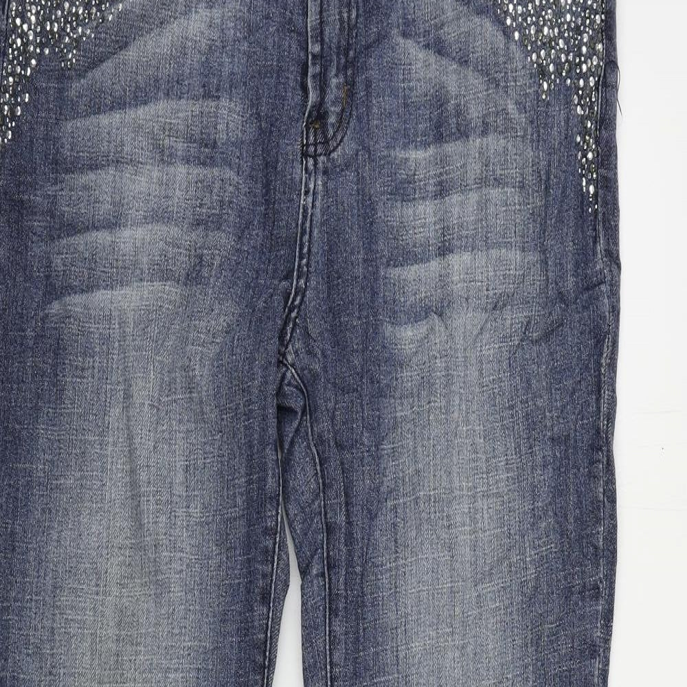 NEXT Womens Blue Cotton Bootcut Jeans Size 12 L30 in Regular Zip - Embellished
