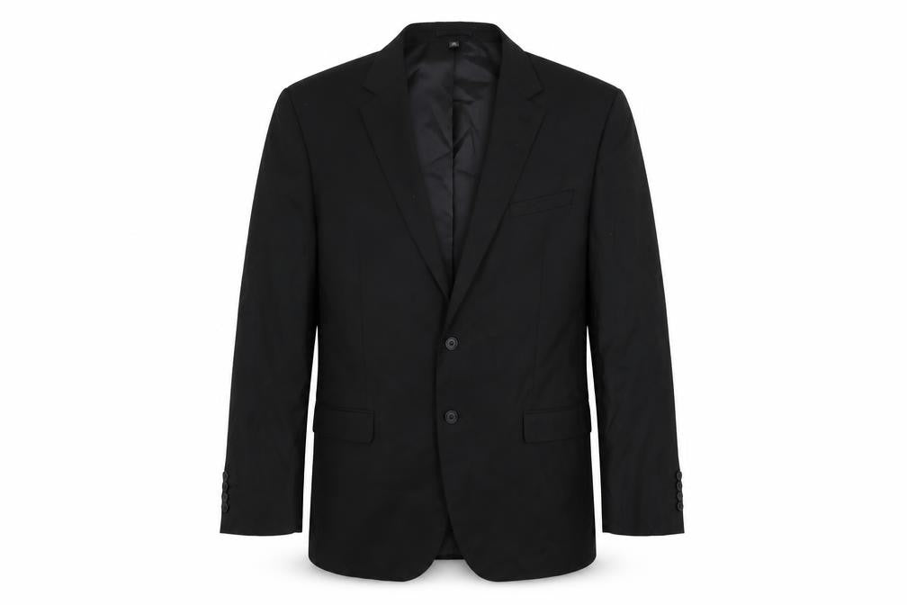 Front view of Marks & Spencer men’s black polyester jacket suit jacket, size 44, regular