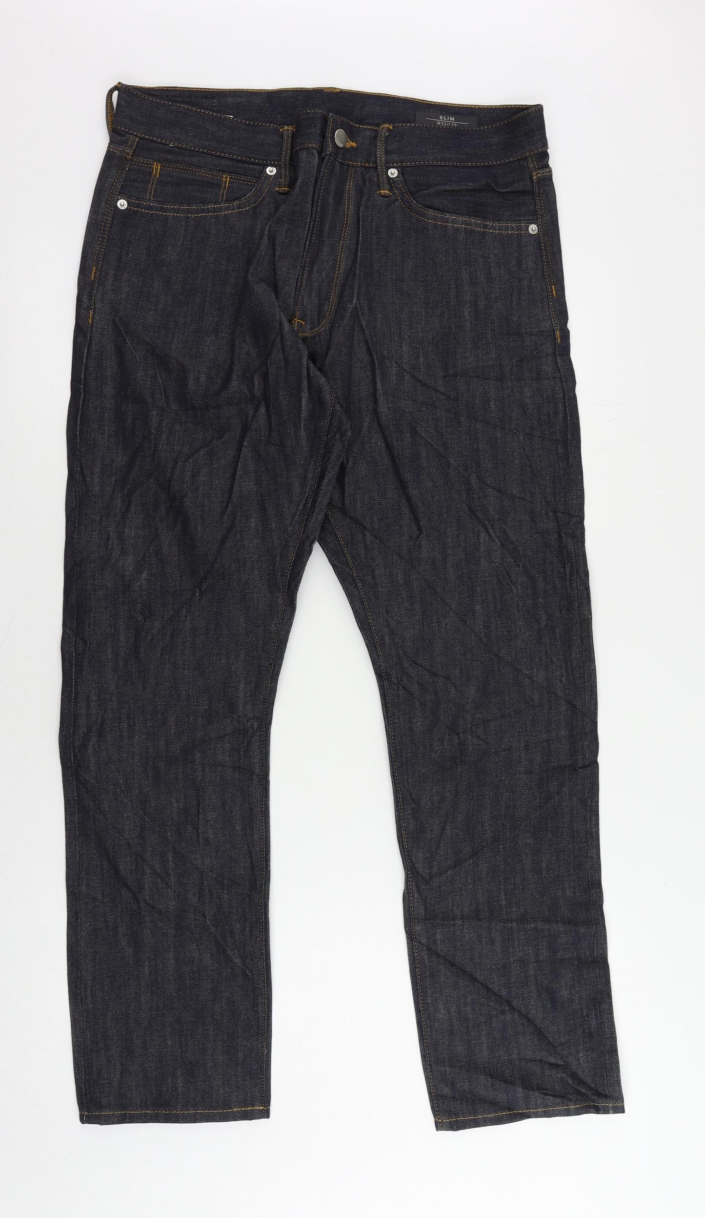 Marks and Spencer Mens Blue Cotton Straight Jeans Size 32 in L29 in Slim Zip
