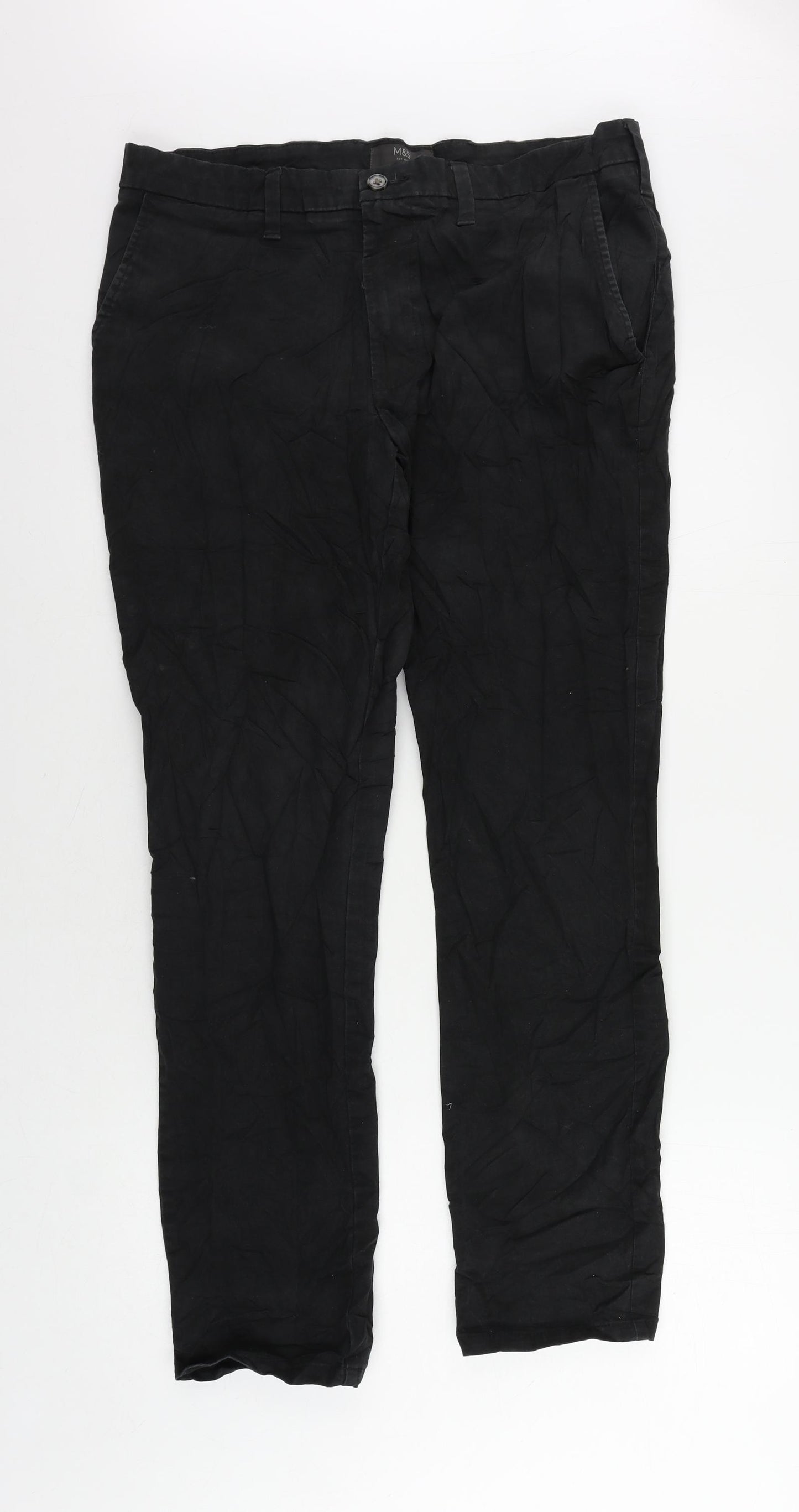 Marks and Spencer Mens Black Cotton Chino Trousers Size 34 in L31 in Regular Zip