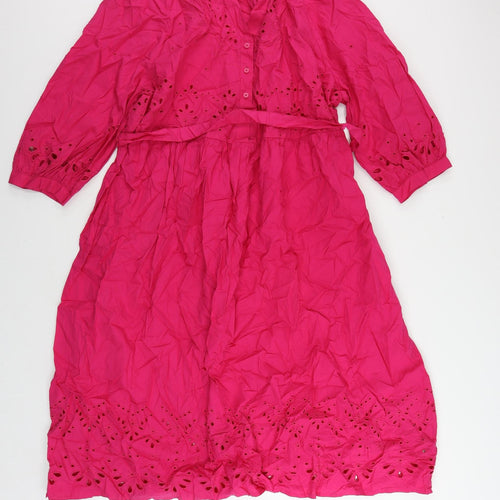 Marks and Spencer Womens Pink Cotton Shirt Dress Size 20 V-Neck Button - Broderie Anglaise