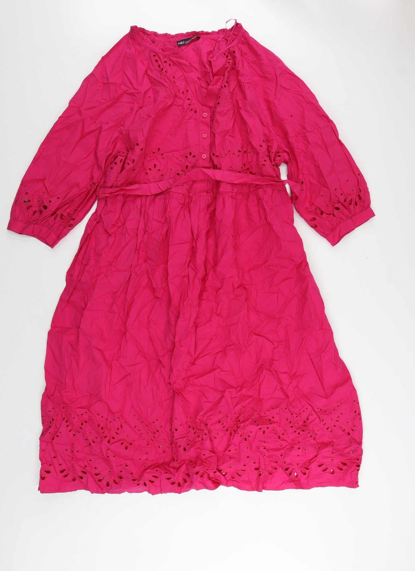 Marks and Spencer Womens Pink Cotton Shirt Dress Size 20 V-Neck Button - Broderie Anglaise