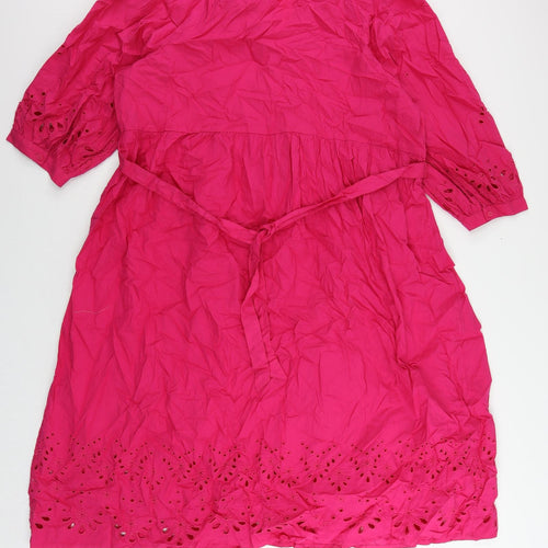 Marks and Spencer Womens Pink Cotton Shirt Dress Size 20 V-Neck Button - Broderie Anglaise