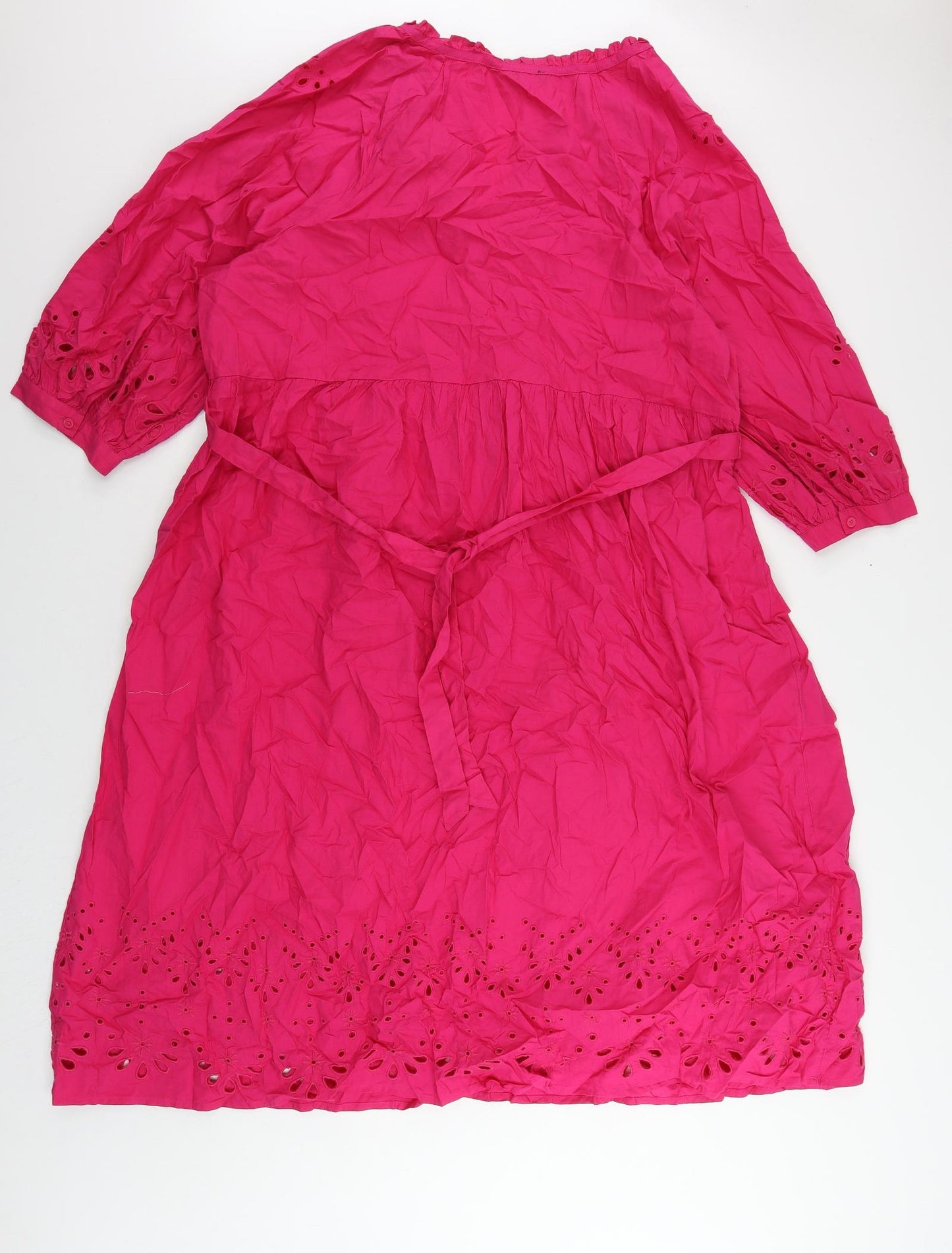 Marks and Spencer Womens Pink Cotton Shirt Dress Size 20 V-Neck Button - Broderie Anglaise