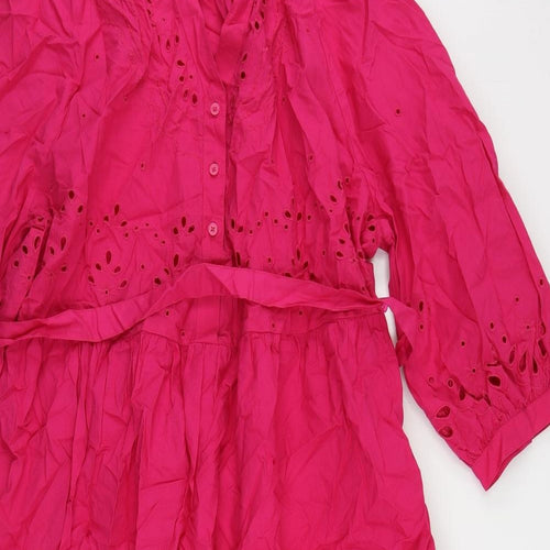 Marks and Spencer Womens Pink Cotton Shirt Dress Size 20 V-Neck Button - Broderie Anglaise