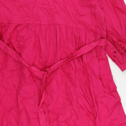 Marks and Spencer Womens Pink Cotton Shirt Dress Size 20 V-Neck Button - Broderie Anglaise