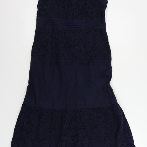 Marks and Spencer Womens Blue Cotton A-Line Size 6 Round Neck Zip - Broderie Anglaise