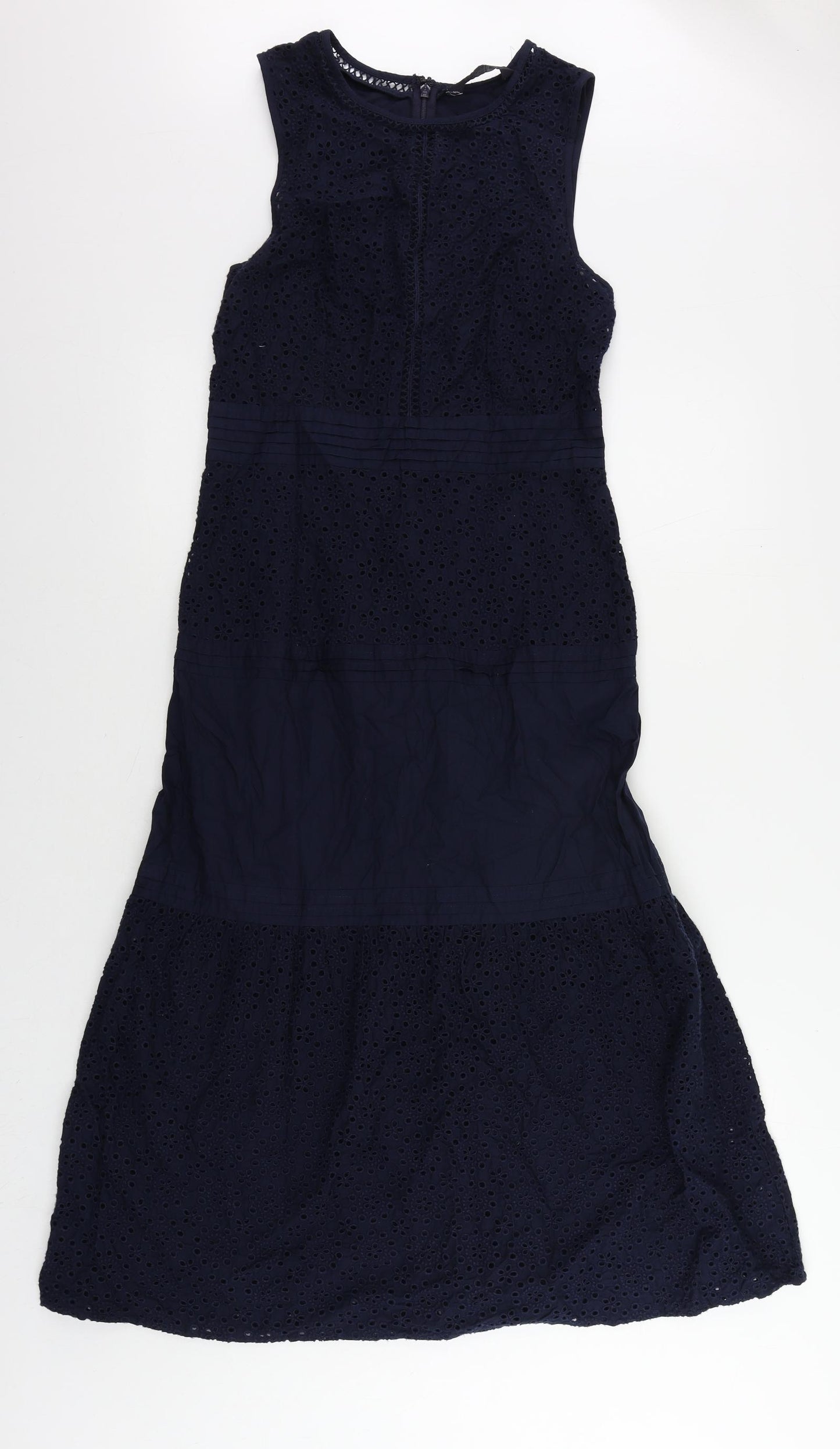 Marks and Spencer Womens Blue Cotton A-Line Size 6 Round Neck Zip - Broderie Anglaise
