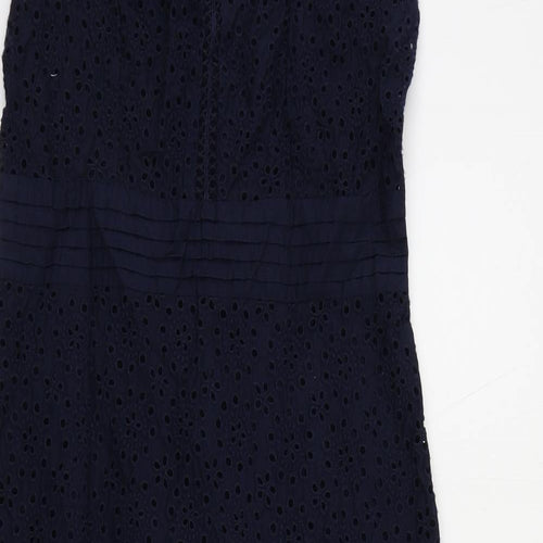 Marks and Spencer Womens Blue Cotton A-Line Size 6 Round Neck Zip - Broderie Anglaise
