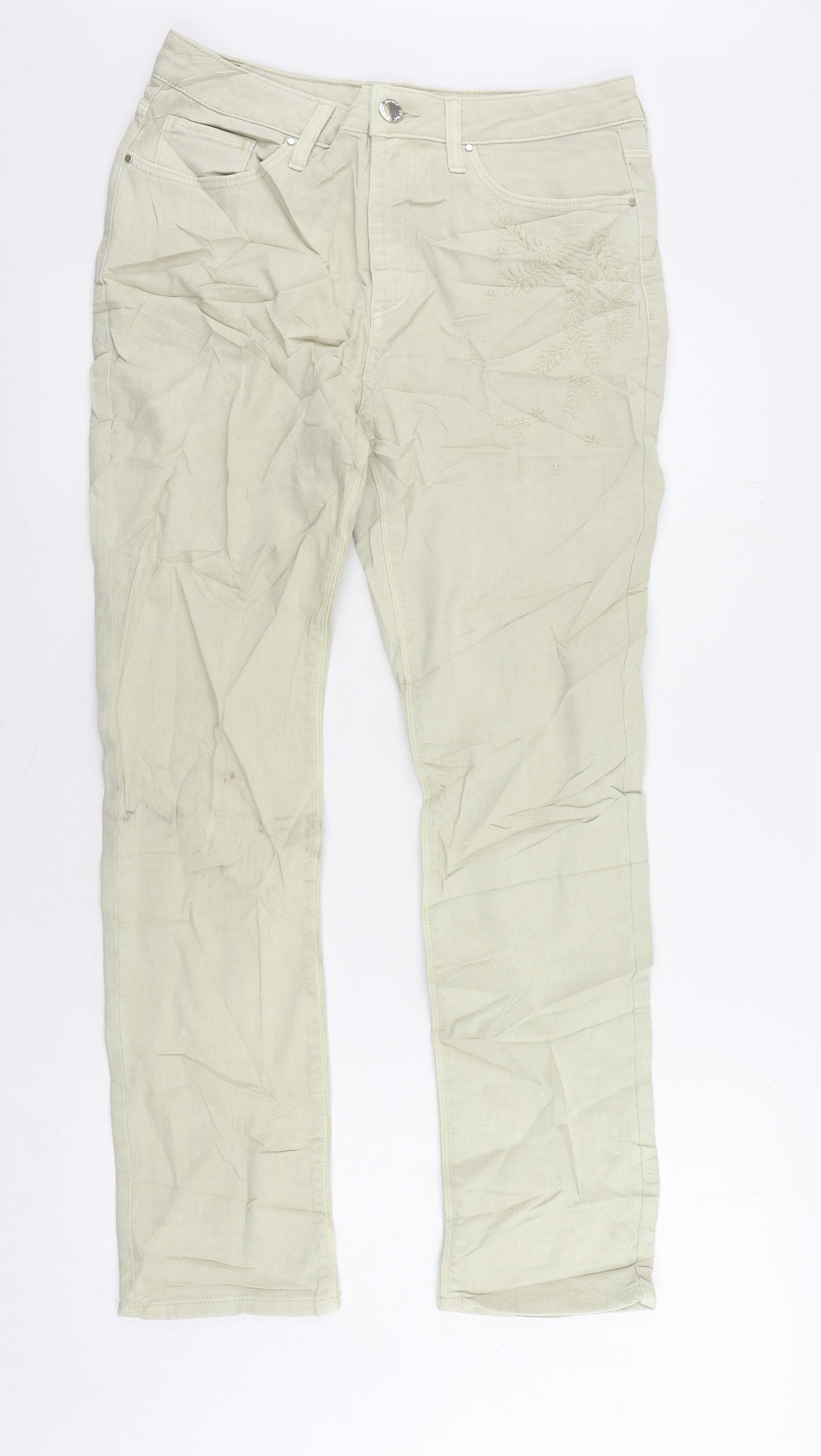 Marks and Spencer Womens Beige Cotton Straight Jeans Size 12 L28 in Regular Zip - Embroidered