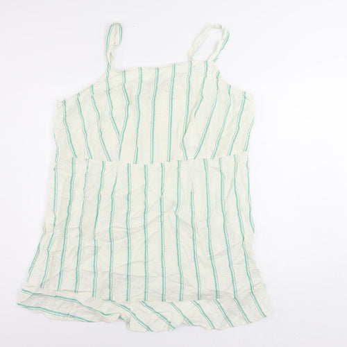 Marks and Spencer Womens Ivory Striped Linen Tank Dress Size 24 Square Neck Zip - Ruffle