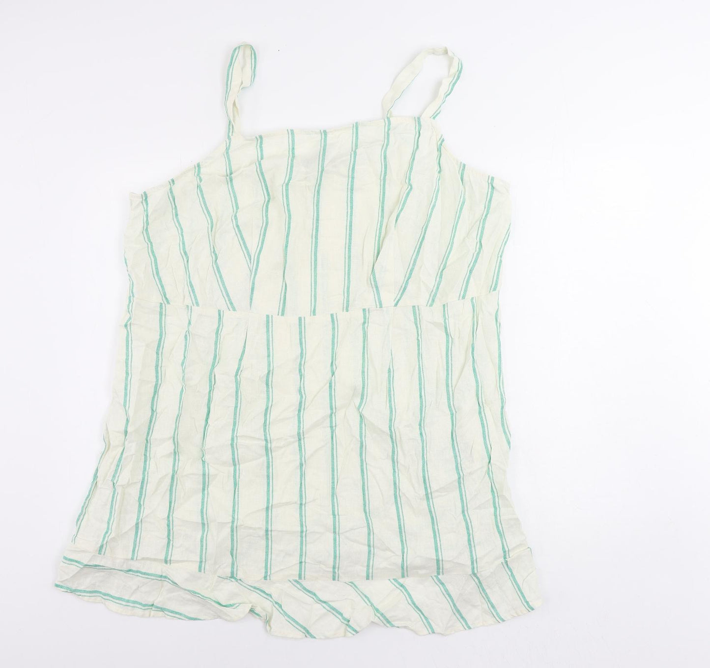 Marks and Spencer Womens Ivory Striped Linen Tank Dress Size 24 Square Neck Zip - Ruffle