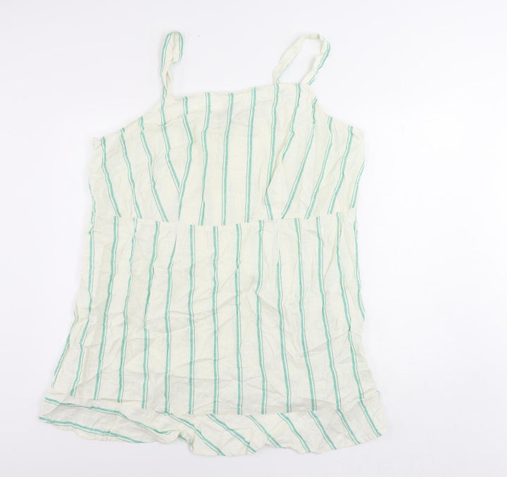 Marks and Spencer Womens Ivory Striped Linen Tank Dress Size 24 Square Neck Zip - Ruffle