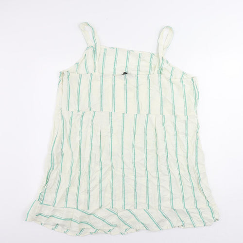 Marks and Spencer Womens Ivory Striped Linen Tank Dress Size 24 Square Neck Zip - Ruffle