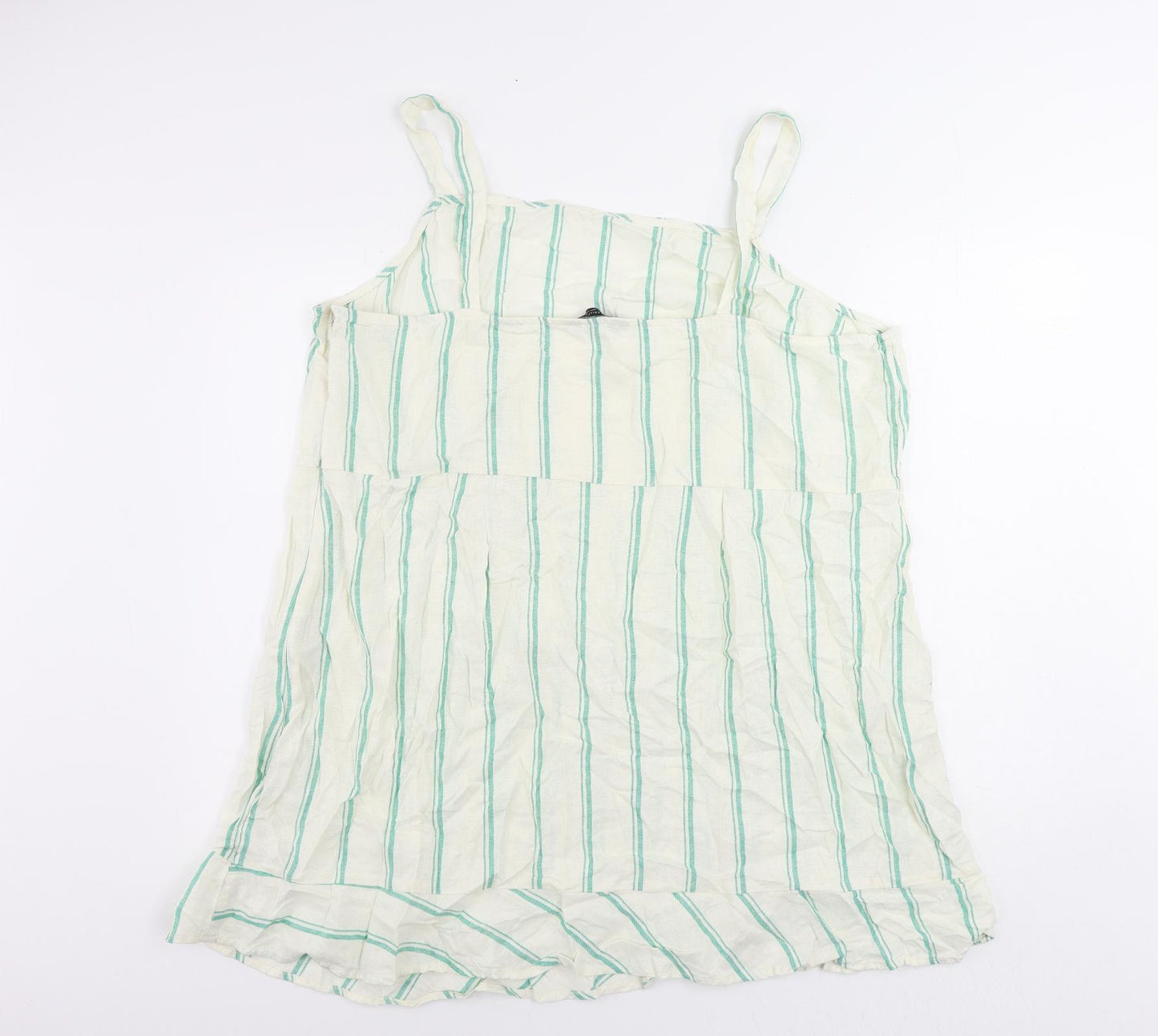 Marks and Spencer Womens Ivory Striped Linen Tank Dress Size 24 Square Neck Zip - Ruffle