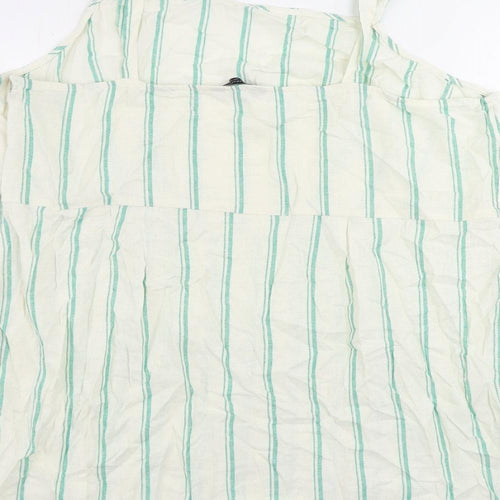 Marks and Spencer Womens Ivory Striped Linen Tank Dress Size 24 Square Neck Zip - Ruffle