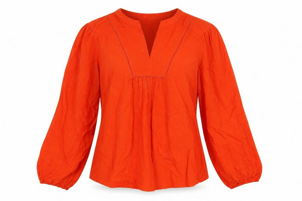 Front view of Marks & Spencer women’s red cotton basic blouse, size UK 8, v-neck - textured