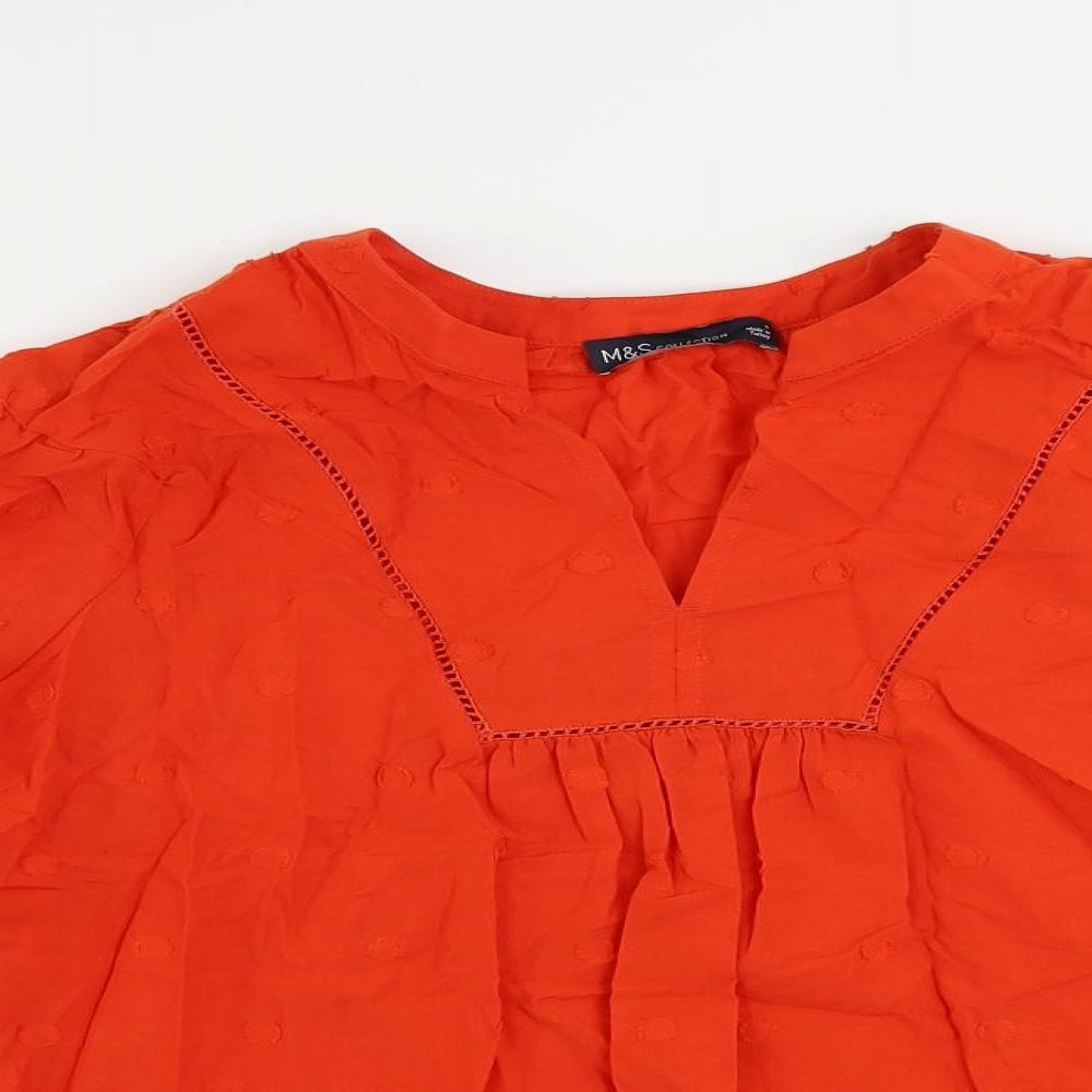 Marks and Spencer Womens Red Cotton Basic Blouse Size 8 V-Neck - Textured
