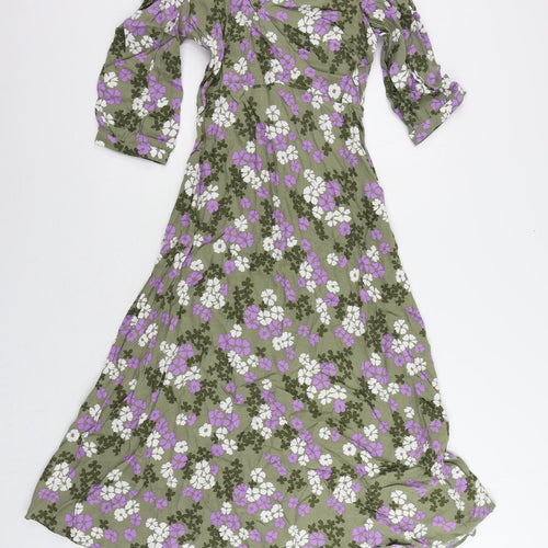 Marks and Spencer Womens Green Floral Viscose A-Line Size 6 V-Neck Zip